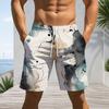 Men Plus Size Off White Watercolor Leaf Printed Beach Shorts Drawstring Waist Side Pockets Straight Leg