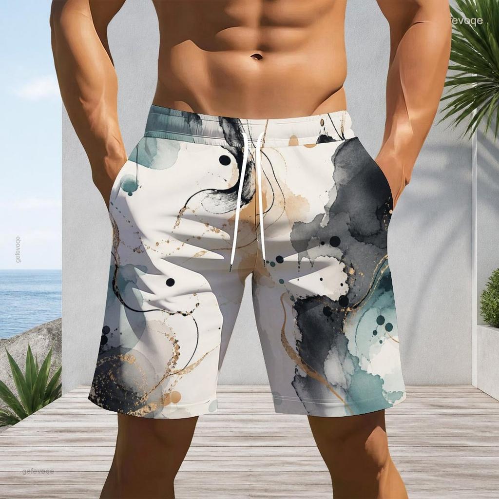 Men Plus Size Off White Watercolor Leaf Printed Beach Shorts Drawstring Waist Side Pockets Straight Leg