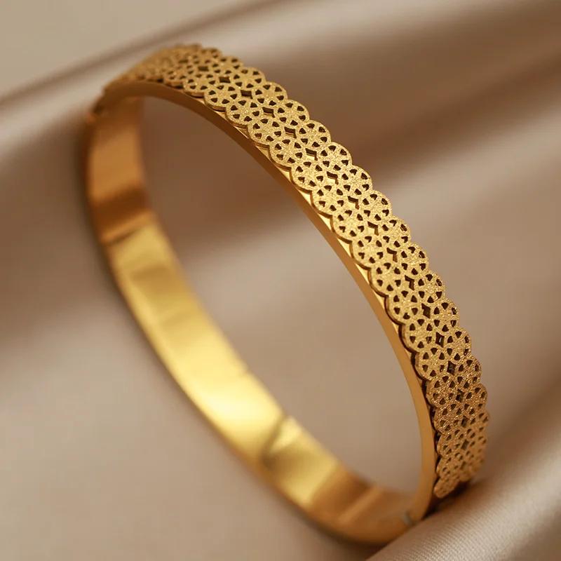 FYSARA Retro Style Double Flower Shape Stainless Steel Bracelet Engagement Zircon for Women Hollow Out Titanium Steel Bangle