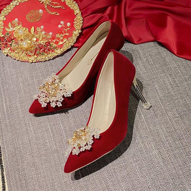 Hochzeitsschuhe für Frauen, Bräute, Brautjungfern, Kristallschuhe, Rotes Hochzeitskleid, Feine Absätze, Strasssteine, Damen-High Heels