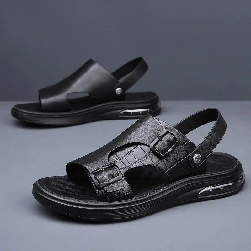 

Летняя обувь из натуральной кожи, нескользящие мужские сандалии из коровьей кожи на плоской подошве, праздничные мужские сандалии, мужская обувь, чистый черный цвет 44 чёрный