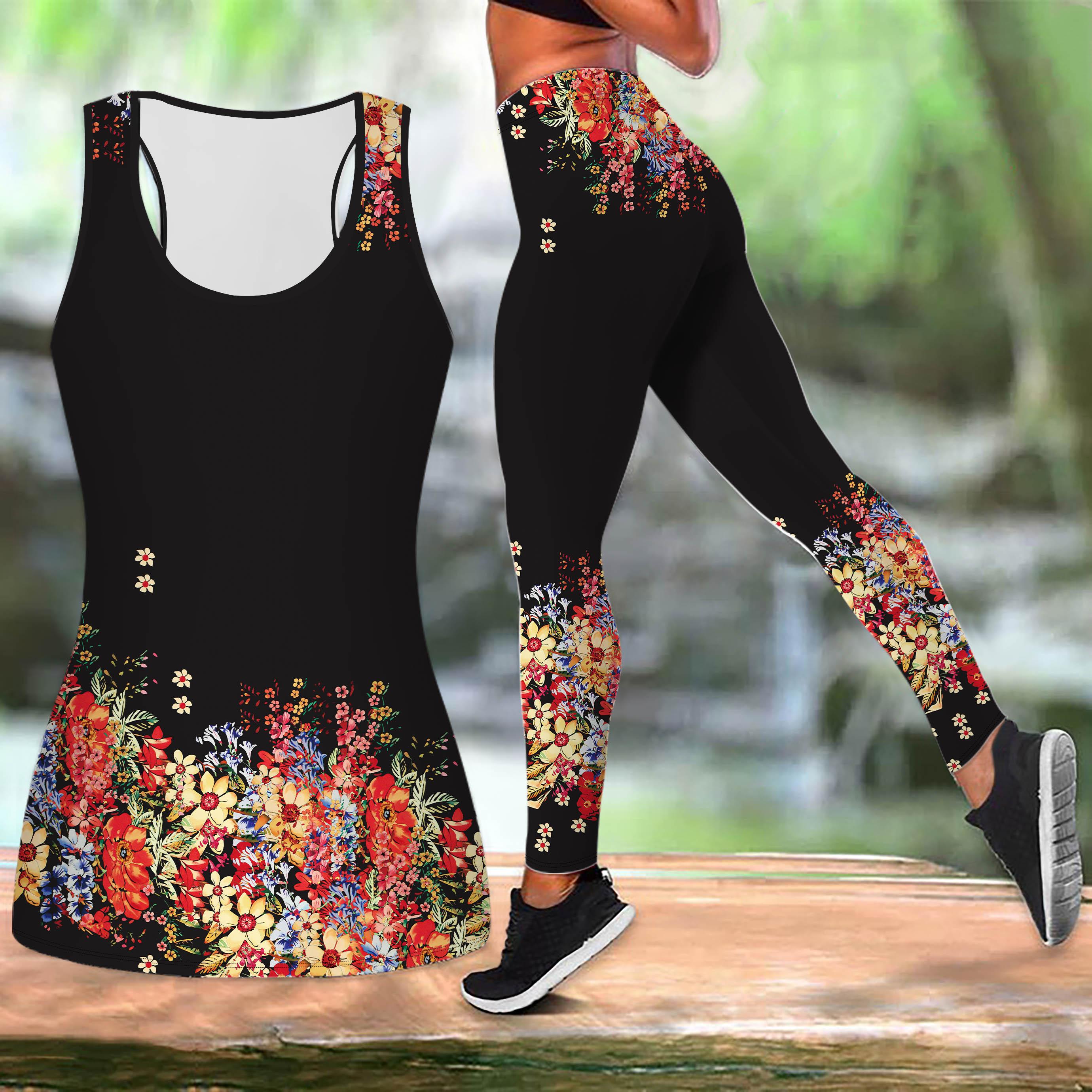 

Красочный танцевальный цветочный принт йога костюм для женщин модные леггинсы для тренировок фитнес спортивный повседневный комплект для йоги спортивный костюм XS чёрный