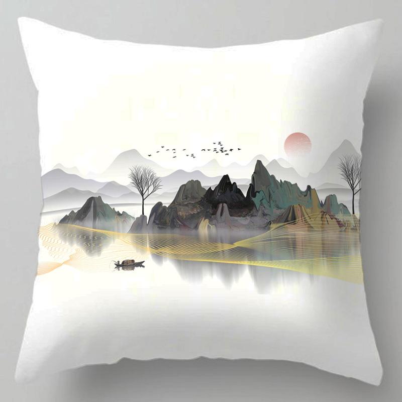 Wooden Chair Back Pillow, Tatami Bedside Pillow, Office Nap Pillow, Chinese Style Landscape Painting Pillowcase