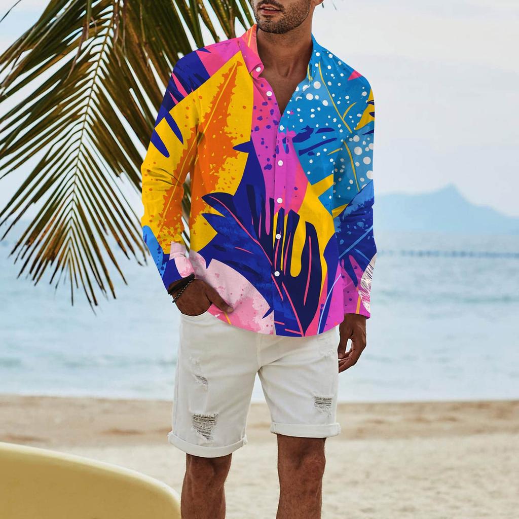 Men's Fashion Long Sleeve Printed Casual T Shirt Button Regular Fit Shirt Top