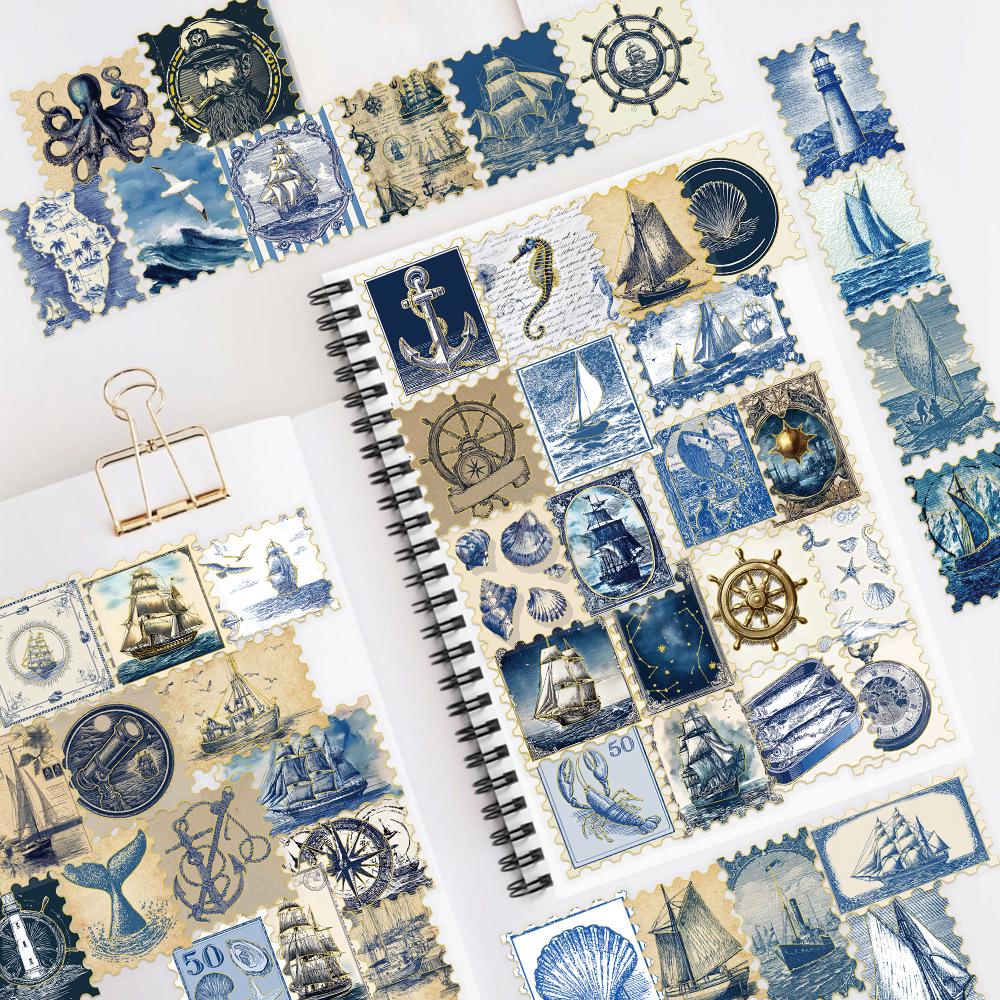 50pcs Retro Blue Nautical Stickers for Laptop, Journal, Phone Case - Waterproof DIY Decor