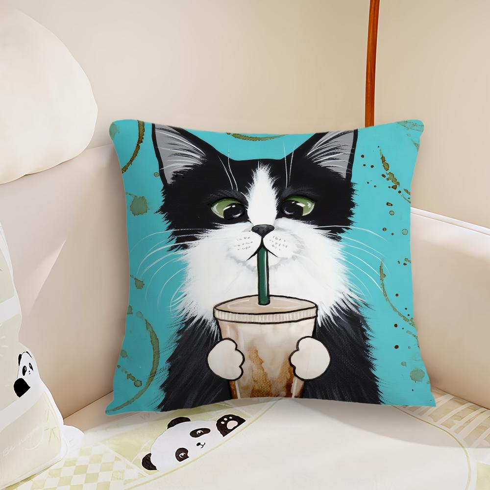 Cartoon Iced Coffee Cat Cushion Cover Plush Fabric Soft Double Sided Print Sofa Cushion Cover Throw Pillow Covers