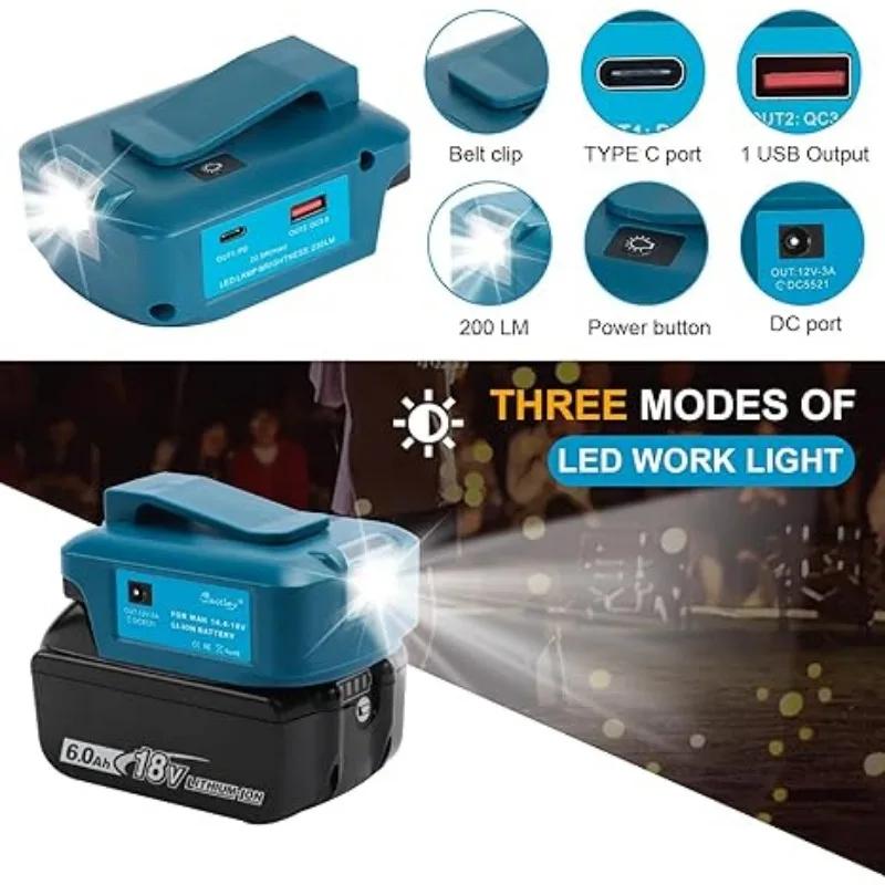 Battery Adapter with Led Work Light For Makita 14.4V18V Li-on Battery with Dual USB Type-c DC Port Emergency Power Supply
