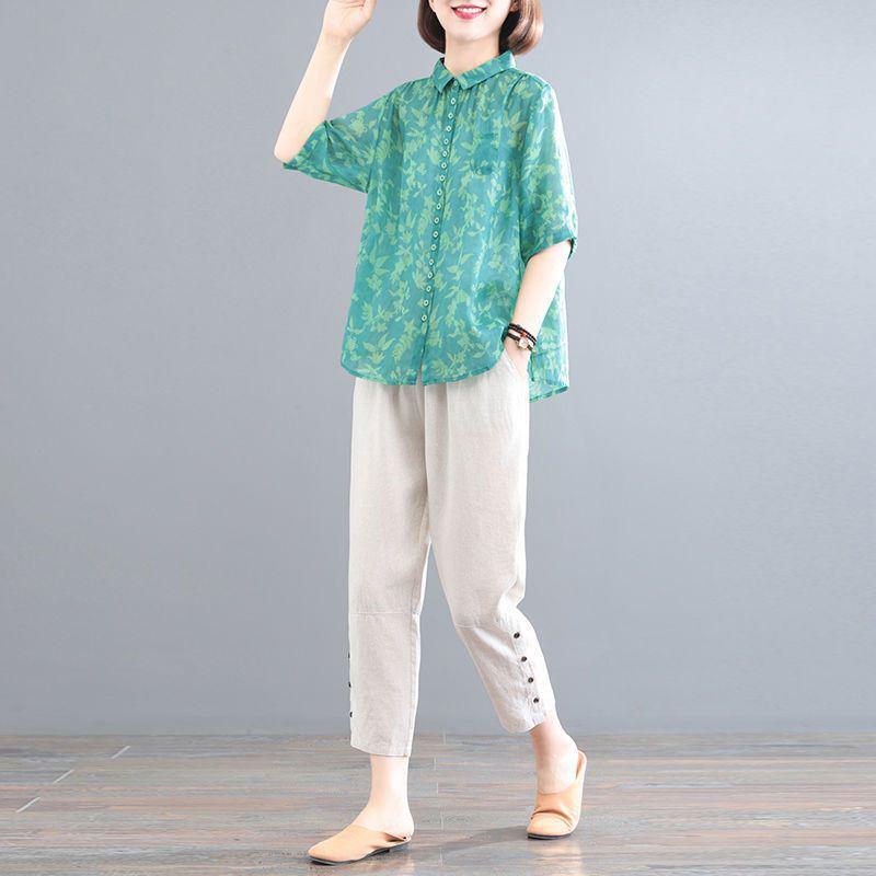 Koreanischer Stil Baumwolle Leinen Übergröße Retro-Print Zweiteiliges Set - Damen Lässiger Sommeranzug