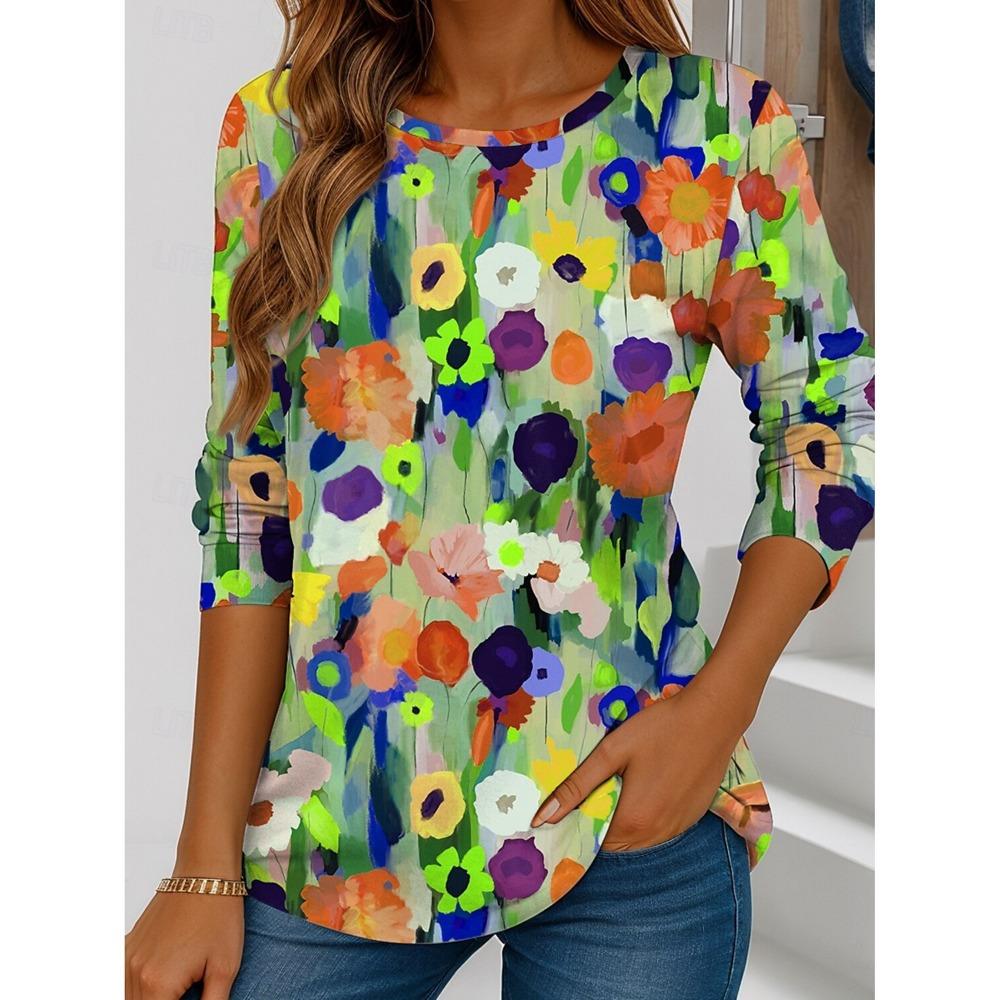Summer Women's T Shirt Floral Graphic Plants Stylish Casual Long Sleeve T-shirts Round Neck Regular Tops Flower Printed Pullover