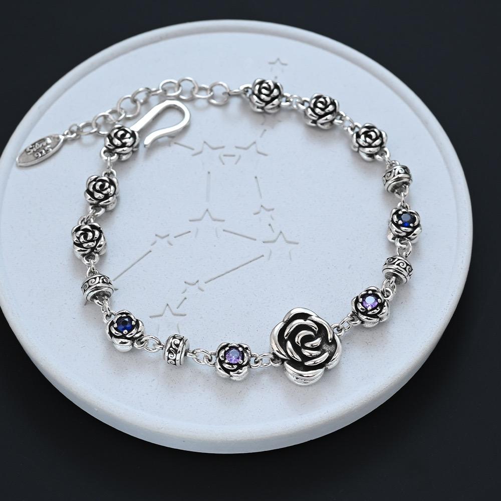 100% Solid 925 Sterling Silver Retro Bracelet for Women Men Vintage Handmade Rose Shape Simple Bracelet Birthday Gift
