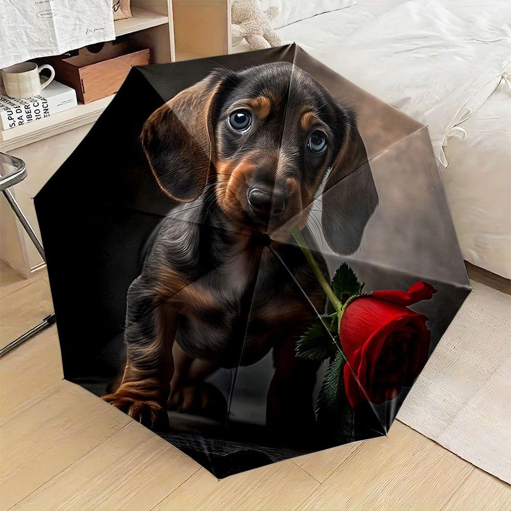 

This Compact Umbrella Showcases a Design of a Dachshund Puppy with a Red Rose in Its Mouth. Perfect for Travel, Backpacks, Or (as the picture,Iron&8K)