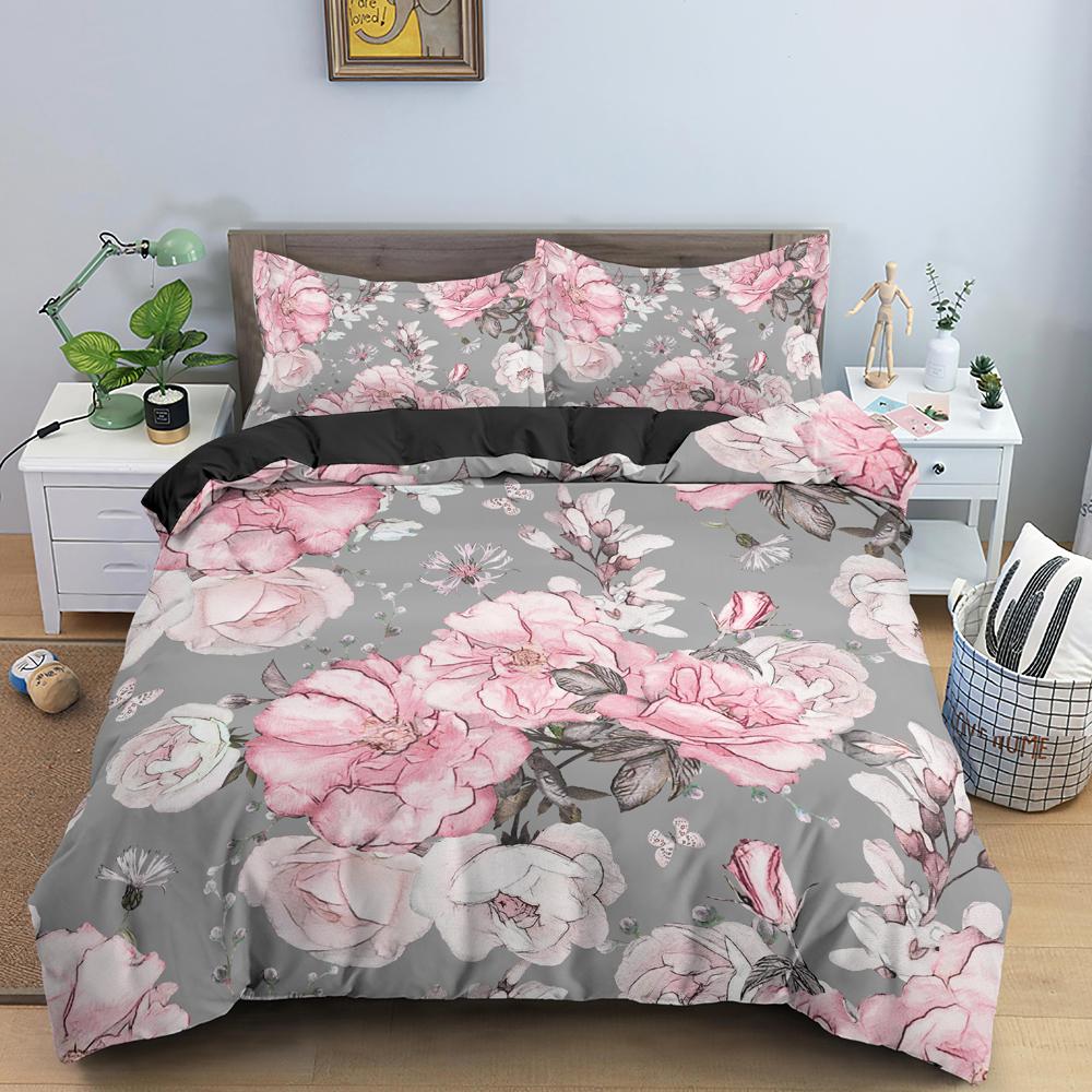 3D Design Flowers Duvet Cover Floral Bedding Set Comforter Cover Pillowcases King Queen Size Black 2/3Pcs Quilt Cover
