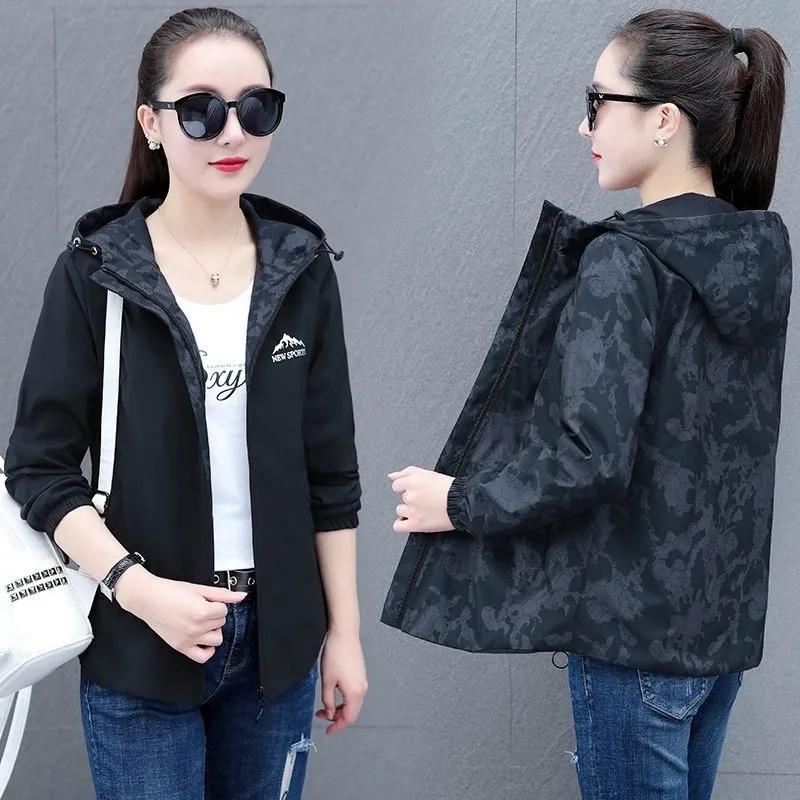 

Double-Sided Windbreaker Women s Coat Spring Autumn Korean Loose Hooded Baseball Jacket Female Tops XXXXXL чорний
