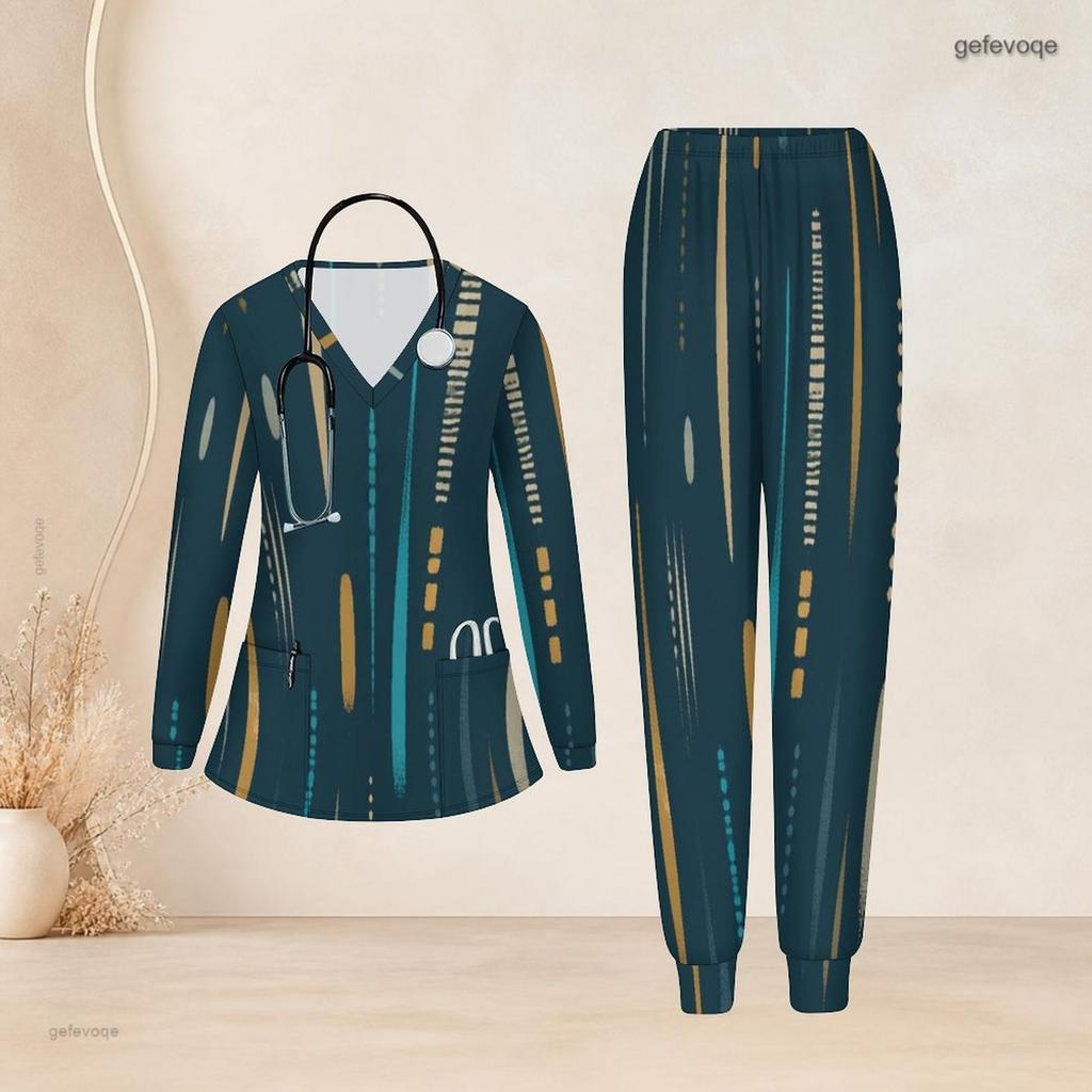 Women Plus Size Abstract Printed Nurse Scrub Set V Neck Long Sleeve Pocket Top Long Pants Two Piece