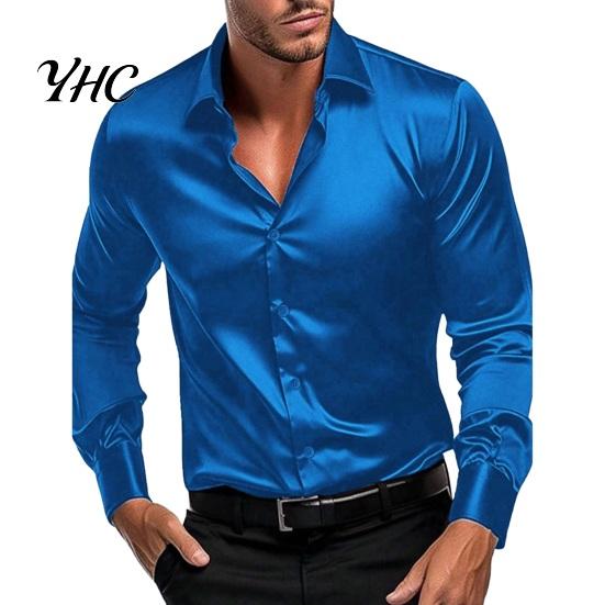 Men Solid Color Shirt Fall Spring Button-down Turn-down Collar Cardigan Long Sleeves Satin Slim Fit Sleeve Mid Length Casual Daily Wear Office