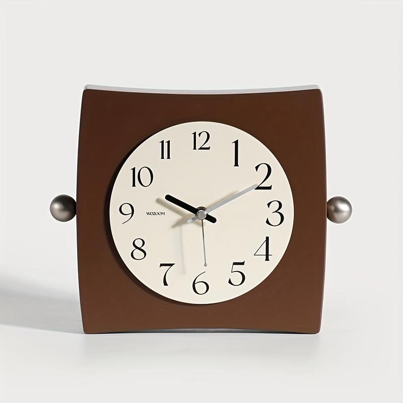 Unique Square Wall Clock with Curved Appearance, Metal Ball Decorations, Rotatable Dial, Beige Face with Black Numbers, Silent Operation, Wooden Frame