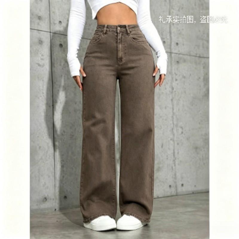 Womens High-Waisted Straight Leg Denim Jeans Classic Washed Vintage Style Wide Trousers Casual Office Wear
