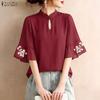 Women Casual Stand Collar Loose Floral Print 3/4 Sleeve Blouse
