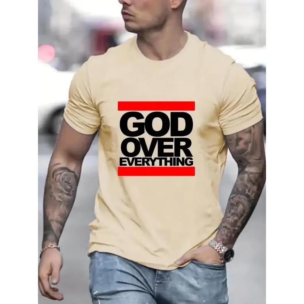 "God Over Everything" Graphic Print Men's Creative Top Casual Slightly Stretch Short Sleeve Crew Neck T-shirt Men's Tee  Outdoor