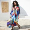 EDOLYNSA 2024 Plus Size Bunter Schmetterlingsdruck Handgestrickt V-Ausschnitt Lässiger Kaftan Damen Hauskleid Sommer Beachwear Badeanzug Cover Up Q1634
