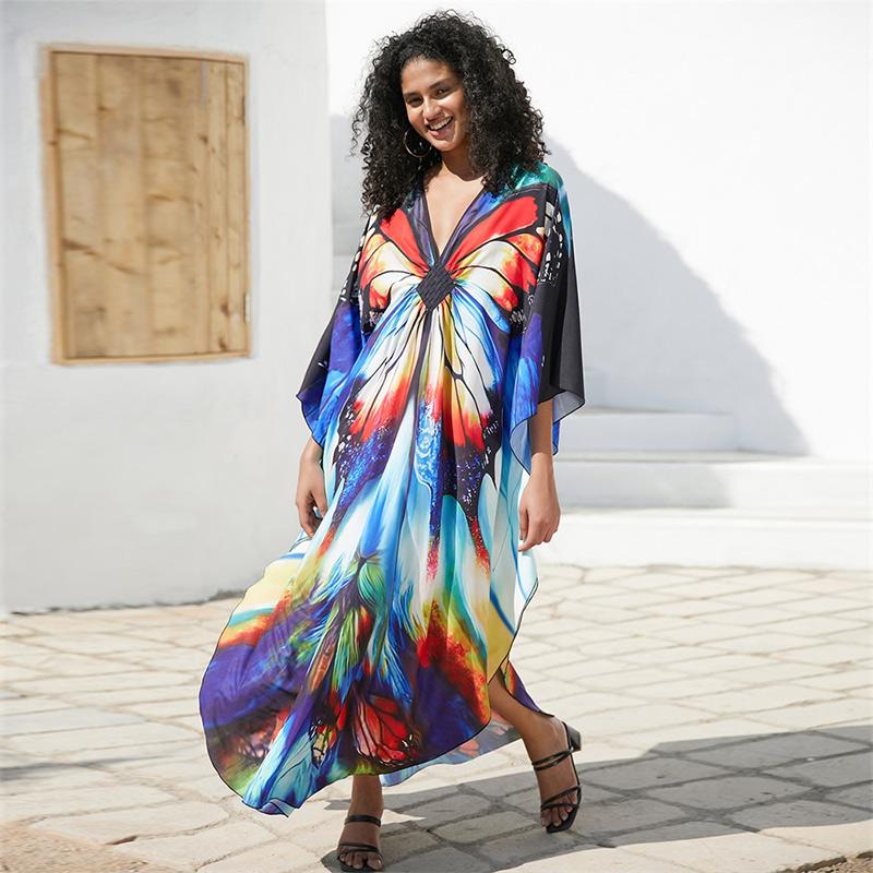 EDOLYNSA 2024 Plus Size Bunter Schmetterlingsdruck Handgestrickt V-Ausschnitt Lässiger Kaftan Damen Hauskleid Sommer Beachwear Badeanzug Cover Up Q1634