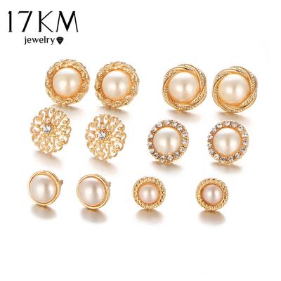 Gold Color Flower Hollow Stud Earring Vintage Crystal Simulated Pearl Earrings Set For Women Wedding Jewelry 6 Pairs/Set