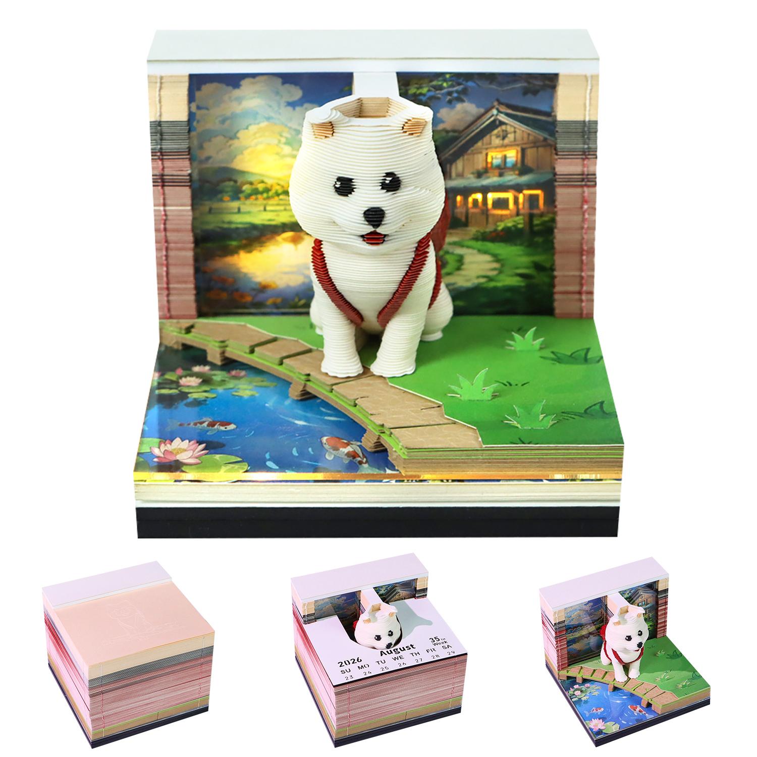 3D Paper Craft Dog Memo Pad Creative Diy Paper Toys Craft with 2026 Calendar LED Light Creative Handmade Paper Art Gift 8.5*8.5*6.8cm