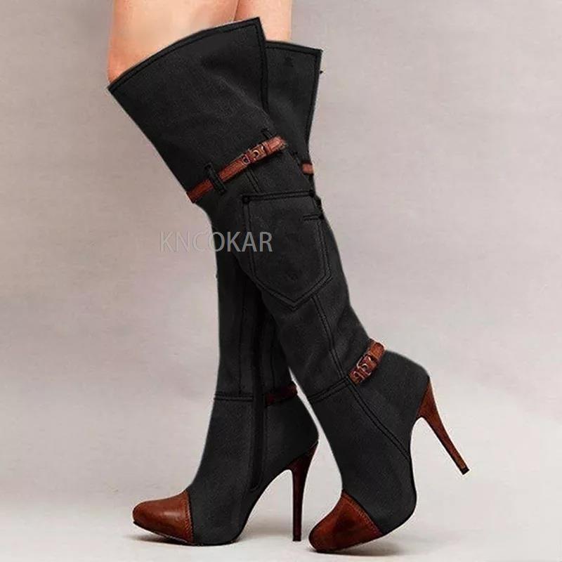 New denim boots with high heels, fashionable knee length women's boots, autumn and winter denim high heels, sexy buttons