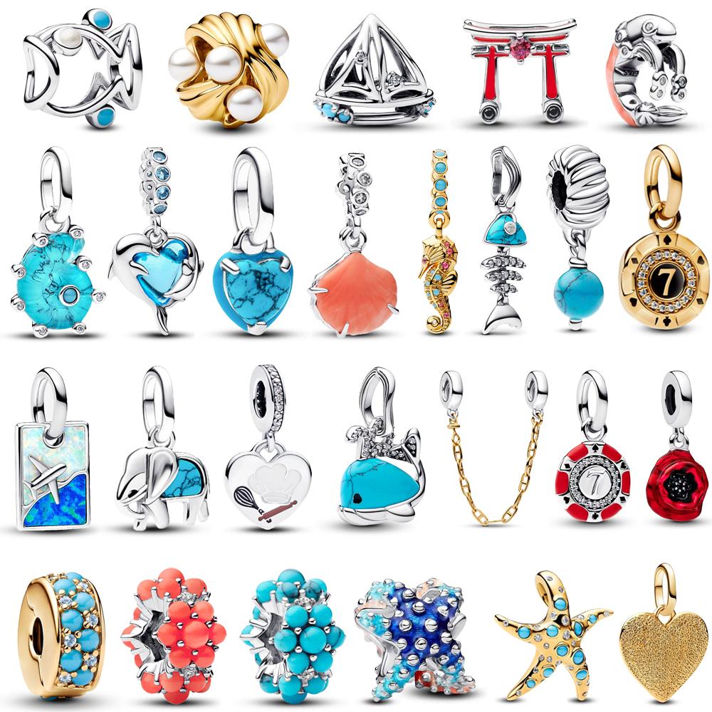 New Colourful Starfish Mini Beads & Blue Murano Glass Dolphins Dangle Charm Fits Bracelet Copper Ocean Pendant Gift