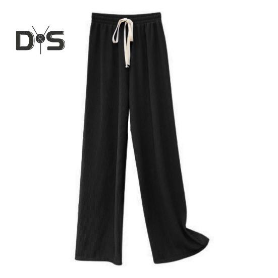 

Летние повседневные брюки, эластичные длинные брюки с высокой талией и регулируемым шнурком, однотонные плиссированные прямые широкие брюки чёрный