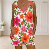 Women Plus Size Floral Printed Ring Strap Sleeveless Curved Hem Tank Top Pocket Shorts Two Piece Set