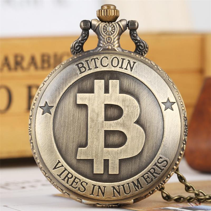 

Antique Bronze Bitcoin Pattern Quartz Pocket Watch Exquisite Engraving Souvenir Pendant Pocket Clock Gifts Men Women бронзовый