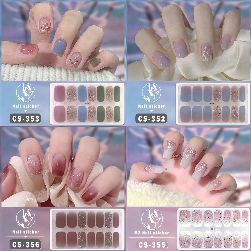 14Tips Foil Gel Nail Stickers Semi Cured Gel Nail Stickers Glittering Nail Art Stickers Self-Adhesive Simple Gel Full Nail Wraps