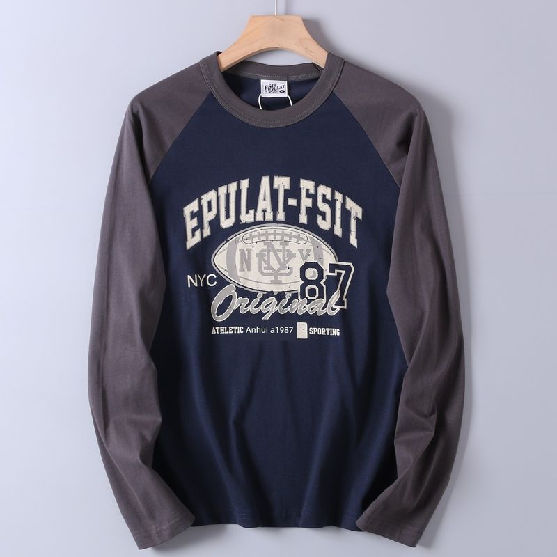 Men's Autumn Sports Casual Washed Cotton Long-Sleeve T-Shirt with Color-Blocking and Raglan Sleeves, Export Surplus