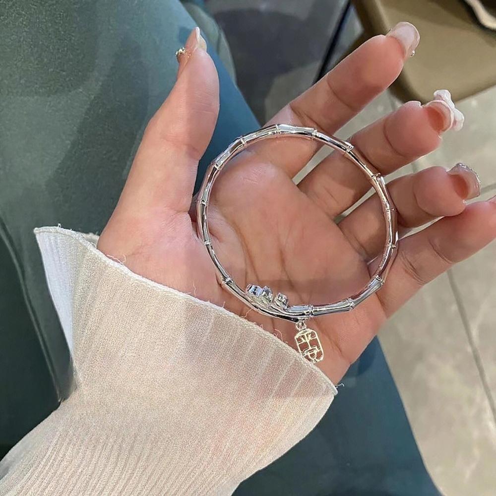 Temperament 925 Sterling Silver Plated Lucky Peace Pendant Bamboo Joint Lotus Open Bangles for Women Good Meaning Jewelry Gifts