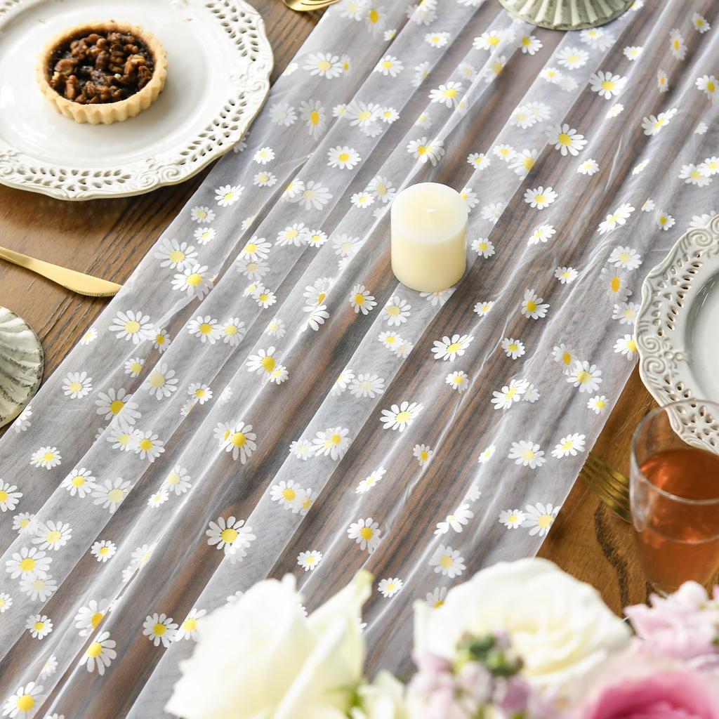 Artoid Mode White Daisy Summer Gauze Table Runner 120 Inch 10FT, Seasonal Sheer Dining Wedding Holiday Birthday Table Decor for Home Party