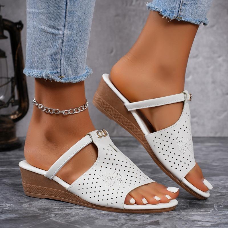 Wedge heel slippers women's summer new hollow flat bottom one-word cool slippers beach women's casual cool slippers
