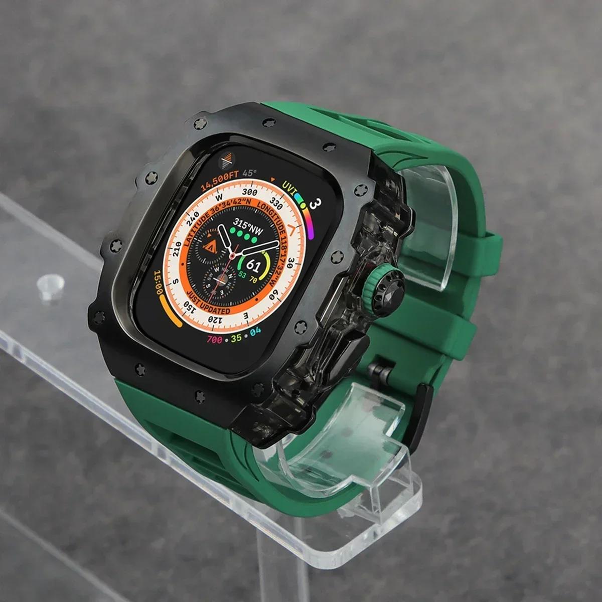 

Розкішний набір для модифікації для Apple Watch Ultra 3 49 мм 45 мм 44 мм Корпус з нержавіючої сталі для IWatch 9 8 7 6 Кришталева кнопка Спортивний ремінець 987654SE 44 45mm