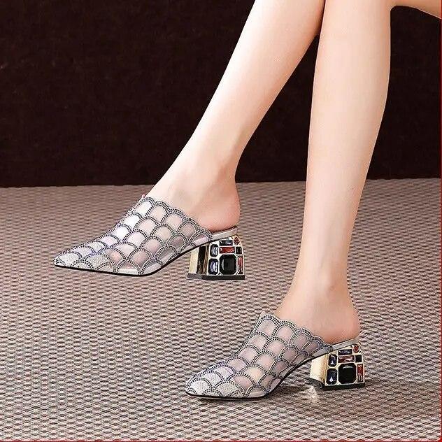 Crystal Half Slippers Female Thick Heels 2024 New Summer Fashion Outside Wear Medium Heel Mesh Cool Female Soft  Baotou Sandals