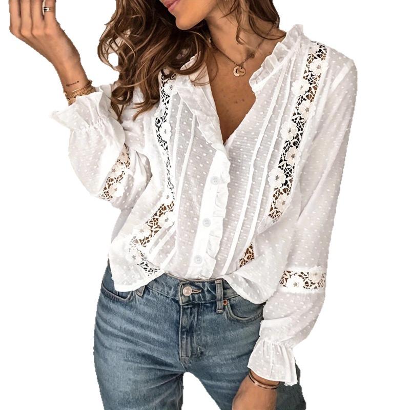 Frühling Herbst Neu Rüschen Stehkragen Spitze Hemd Elegant Locker Süß Häkeln Langarm Bluse Lässig Durchbrochen Lässig Einreihig Oberteil Kleidung