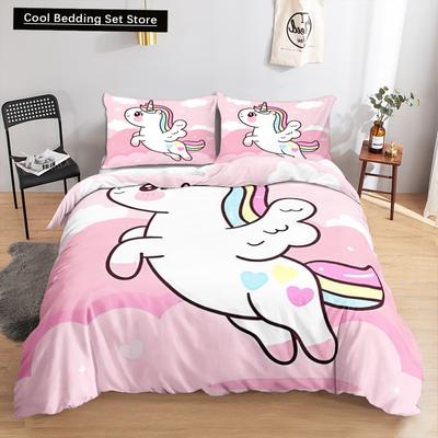 Kawaii Einhorn Buntes leuchtendes Einhorn-Kinderbettwäscheset für Mädchen Rosa Deluxe Bettbezug Bettwäscheset King Queen Bettbezug