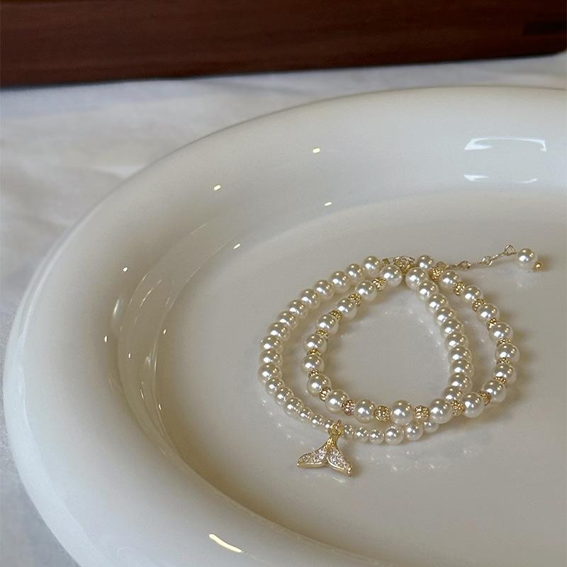 Zircon fishtail double-layer pearl bracelet French personality light luxury high-end bracelet elegant temperament versatile jewelry women