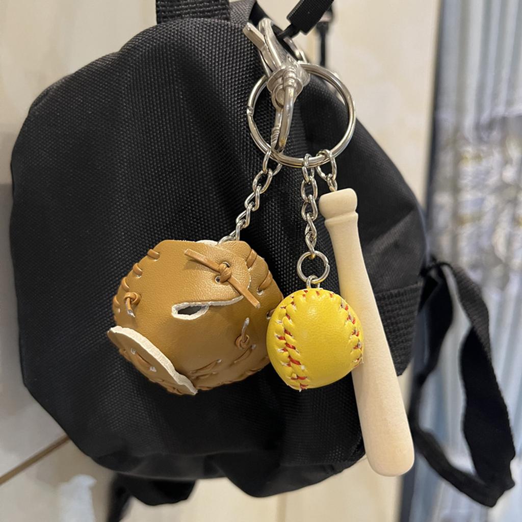 Baseball Keyring with Wood Bat and PU Leather Glove Charm Unique Bag Pendant Handbag Charm Handmade Sports Accessory