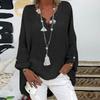 Womens Cotton Linen V Neck Long Sleeve Button Blouse