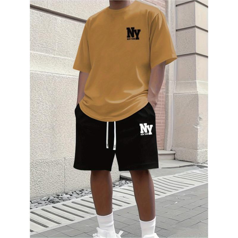 Men's Summer 2-piece Set, Short Sleeved Round Neck T-shirt and Elastic Waist Shorts