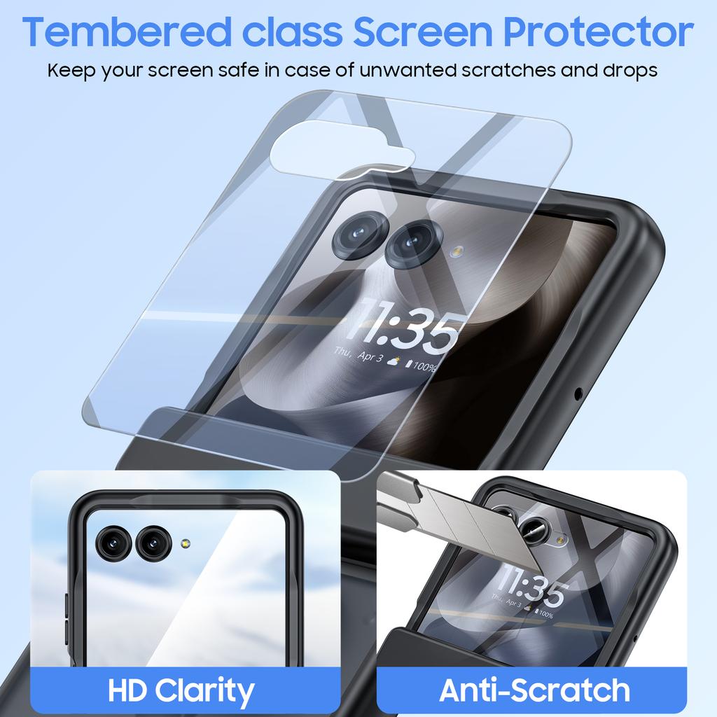 For Motorola Razr Ultra 2025 / Razr Ultra 2026 with Built-in Screen Protector,Ring Holder Hinge Protection Rugged Case Translucent Matte Cover-Black