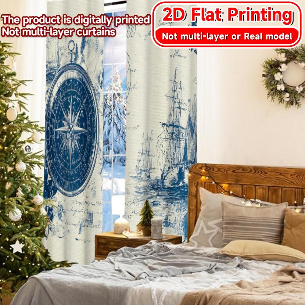 2D FLAT PRINTING 2pcs Curtains (Without Rod) Nautical Ships and Compass Design Modern Fashionable Curtainments during the