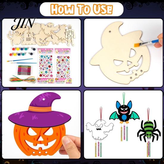 Halloween Classroom Activity Kits Wind Chime Making Kit for Kids Adults, DIY Wooden Ghost Pumpkin Bats Witch Art And Crafts Skeleton Tombstone Spider
