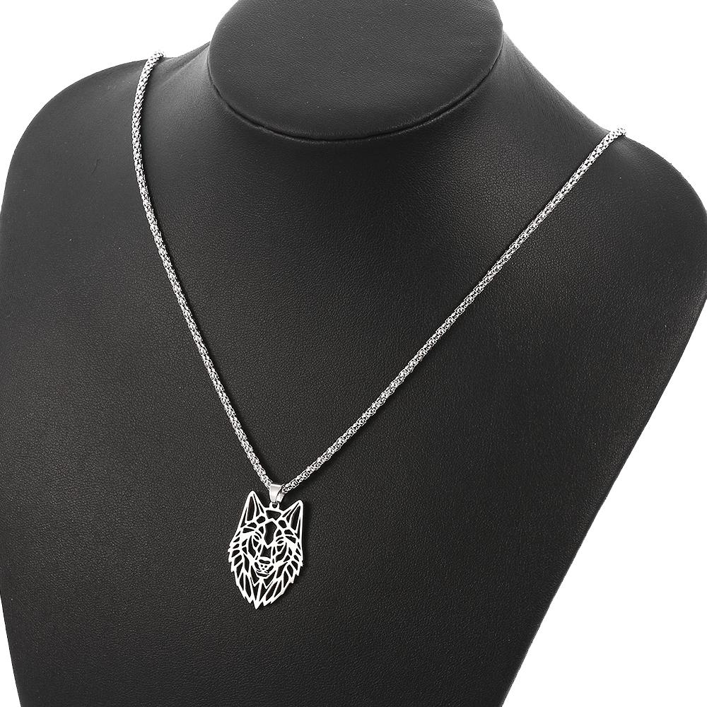 Hollow Wolf Head Pendant Necklace For Men Silver Stainless Steel Punk Long Chain Jewelry