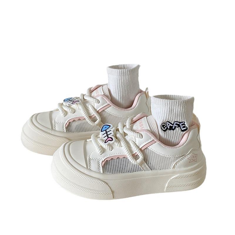 Leather Platform White Shoes Women's 2025 New Mesh Breathable Mesh Shoes Sweet Versatile Student Casual Lightweight Board Shoes